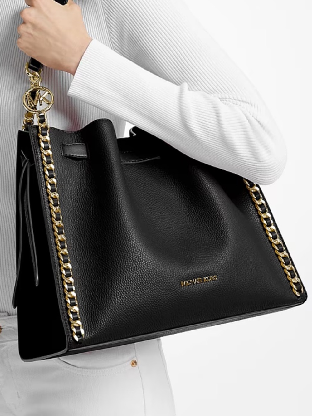 MICHAEL Michael Kors Black Leather Shoulder Tote with Gold Chain Trim